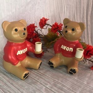 Vintage 1990s AVON ceramic set of 2 Bears with thin candle holders w/red sweater
